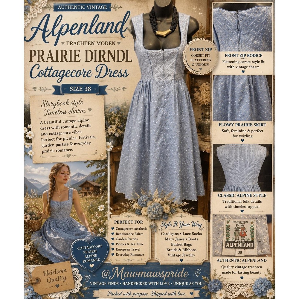 Alpenland Vintage Blue Floral Prairie Dirndl Cottagecore Dress 38 S M Cotton - Picture 3 of 11